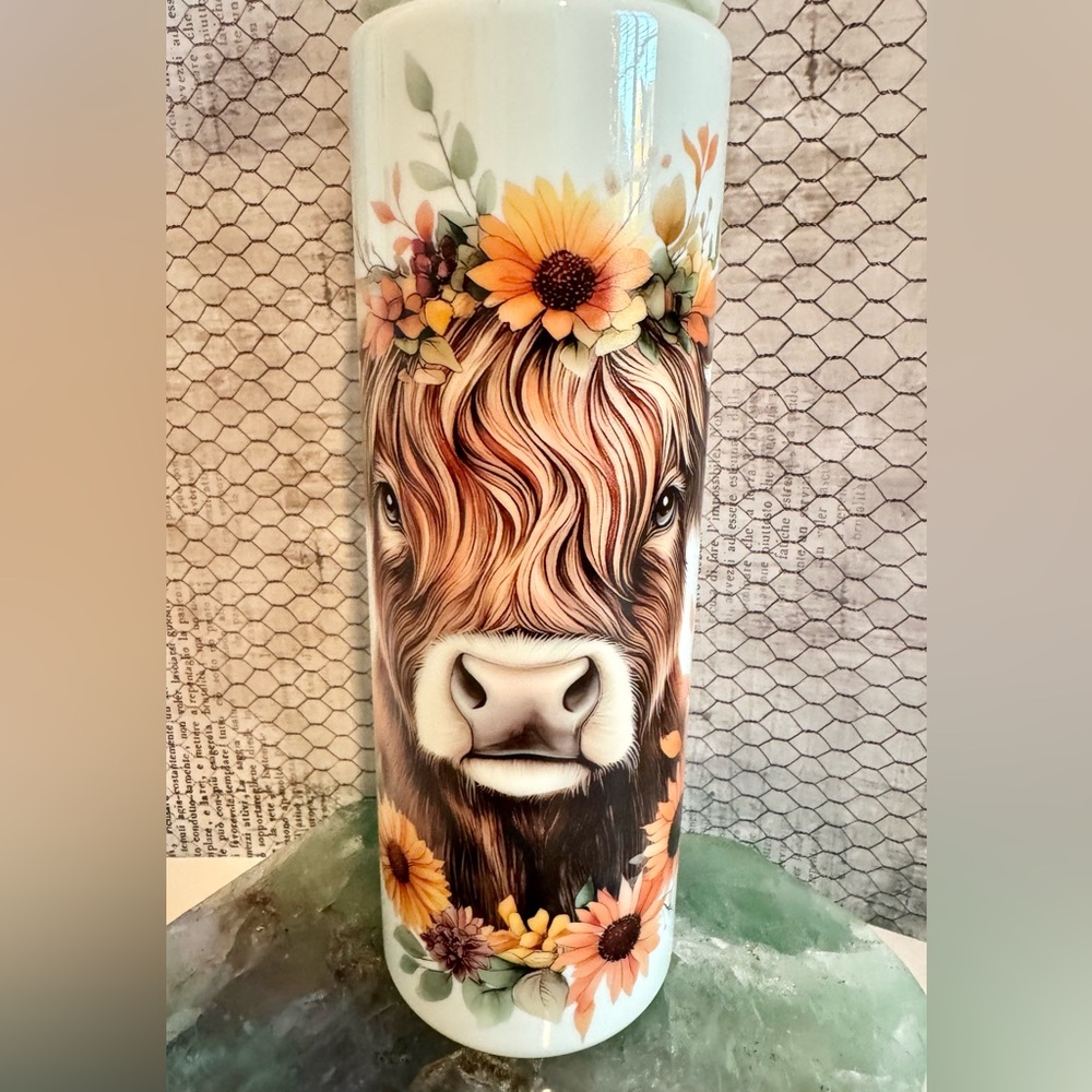 New Highland Cow Sunflowers Acrylic Travel Cup Tumbler Water Bottle 20oz